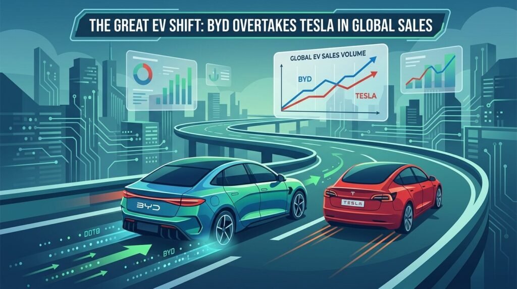 BYD Dominates 2026: Overtakes Tesla & Kia in EV Sales — illustration for BYD overtakes Tesla